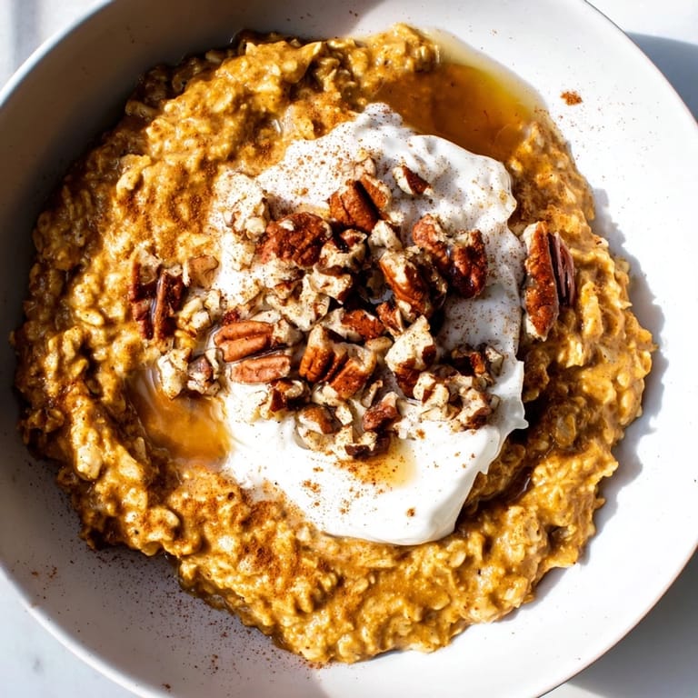 Warm, spiced pumpkin spice latte oats topped with nuts and maple syrup, ready to eat.