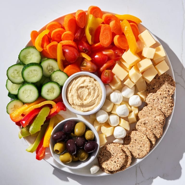 Colorful Veggie Snack Board filled with carrots, tomatoes, and cheese, an easy adult Lunchable to enjoy.
