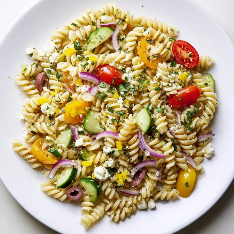 Homemade lemon pasta salad, a summer favorite with tomatoes, cucumber, and zesty lemon flavor.