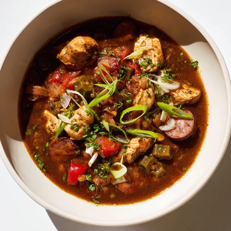 A close-up of a bowl filled with rich, dark Gumbo Okra Soup, garnished with green onions.