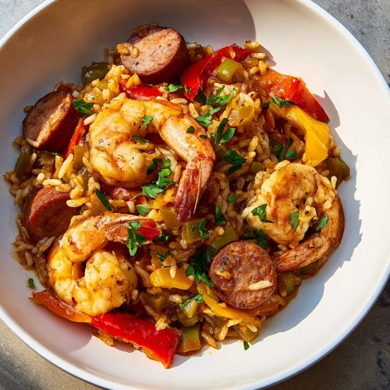 Vibrant image of homemade Jambalaya Skillet, a one-pan meal with rice and perfectly cooked shrimp.