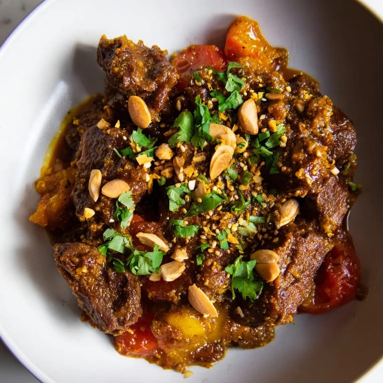 A close-up shot of the flavorful Moroccan Lamb Tagine, showcasing tender lamb and glistening prunes.