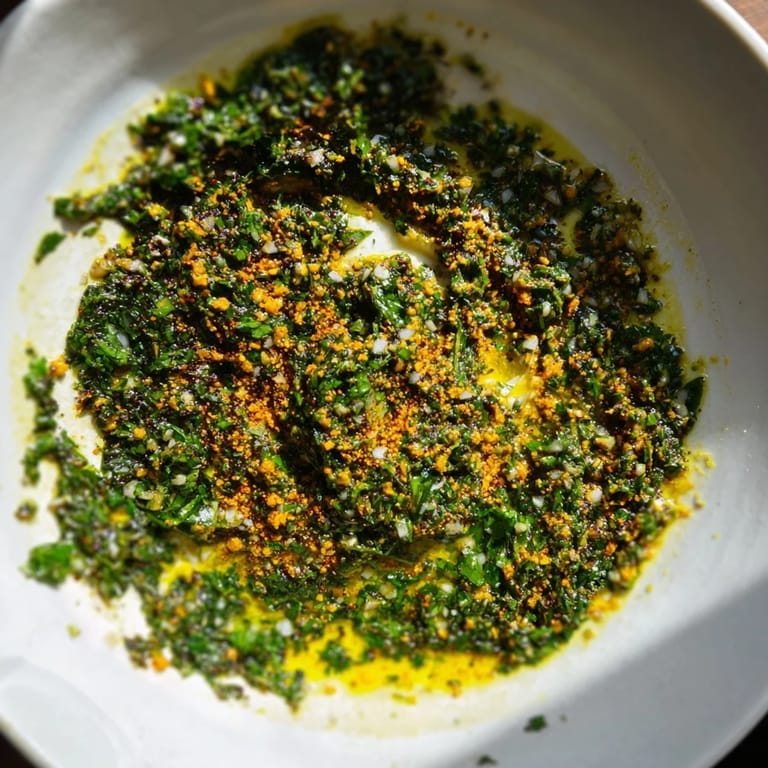 Golden-hued olive oil coats the aromatic ingredients of Moroccan Chermoula Marinade, a delicious North African specialty.