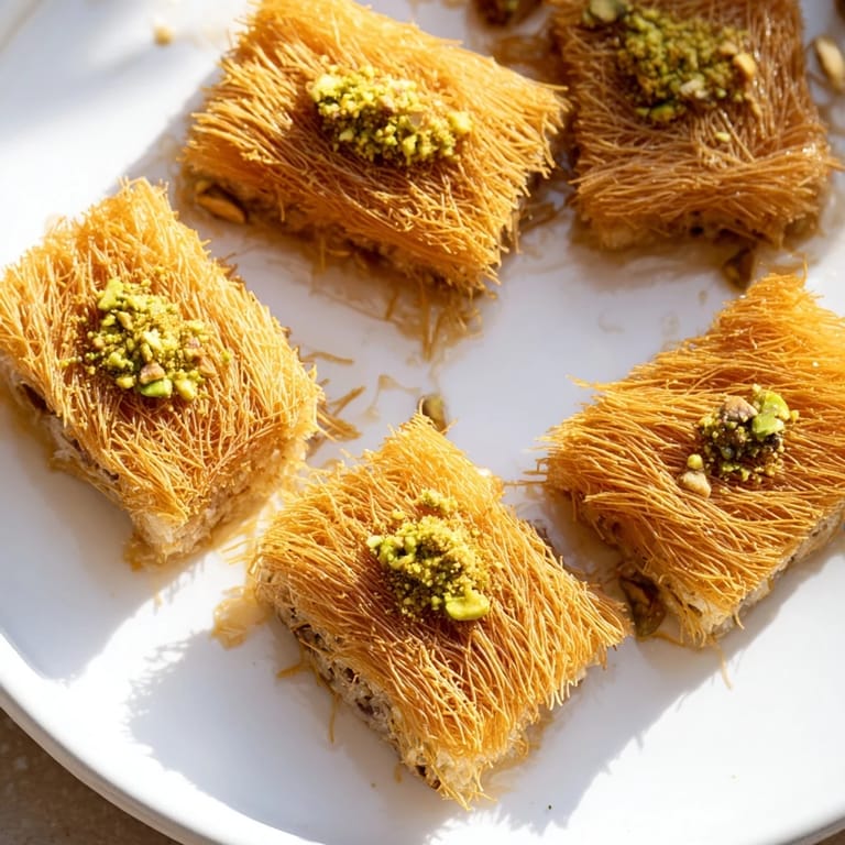 Crispy layers of shredded phyllo make up a delectable slice of Egyptian Konafa ready to serve.
