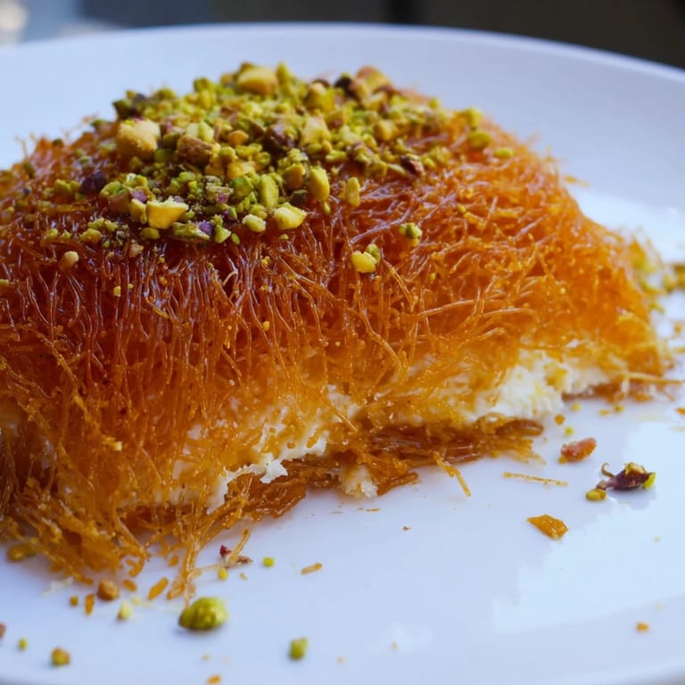 A close-up view of the cheesy, crispy Knafeh, sprinkled with pistachios, ready to enjoy.