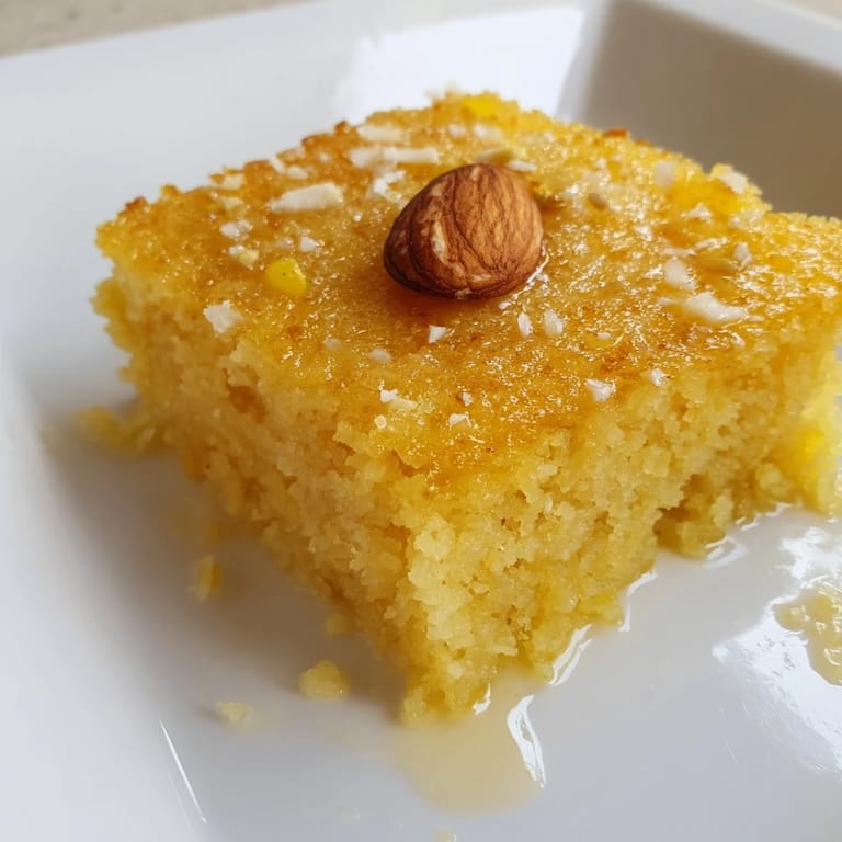 Moist and irresistible, the Egyptian Basbousa cake is covered in glistening syrup and ready to eat.