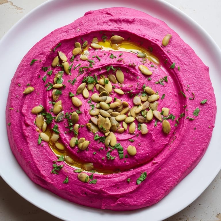 A creamy roasted beet hummus dip served with crisp pita chips and colorful fresh vegetables for a healthy appetizer.
