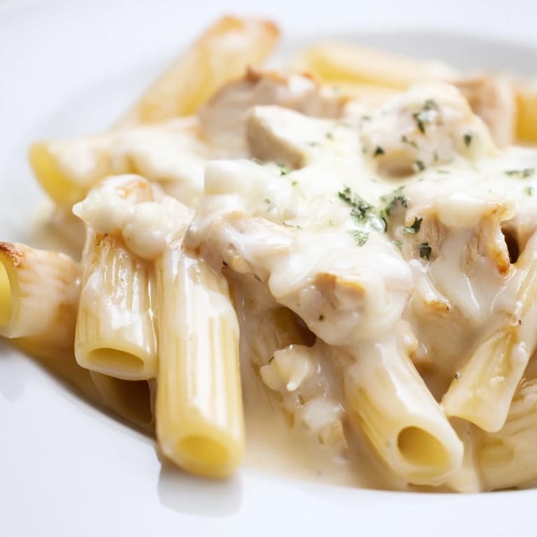 Steaming, cheesy Chicken Alfredo Casserole with chunks of chicken and penne pasta, perfect for a family dinner.