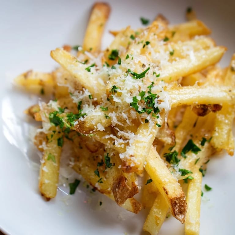 Crispy Truffle Parmesan Fries garnished with fresh parsley on a dark plate, ready for dipping.  