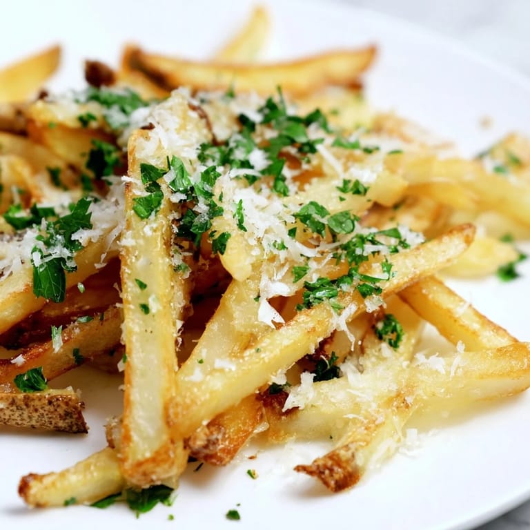 Homemade Truffle Parmesan Fries with a light dusting of cheese and a drizzle of truffle oil.