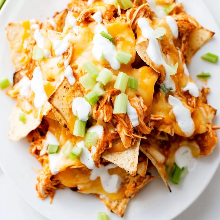 A close-up of colorful Buffalo Chicken Nachos with shredded chicken, melted cheese, and celery garnish.