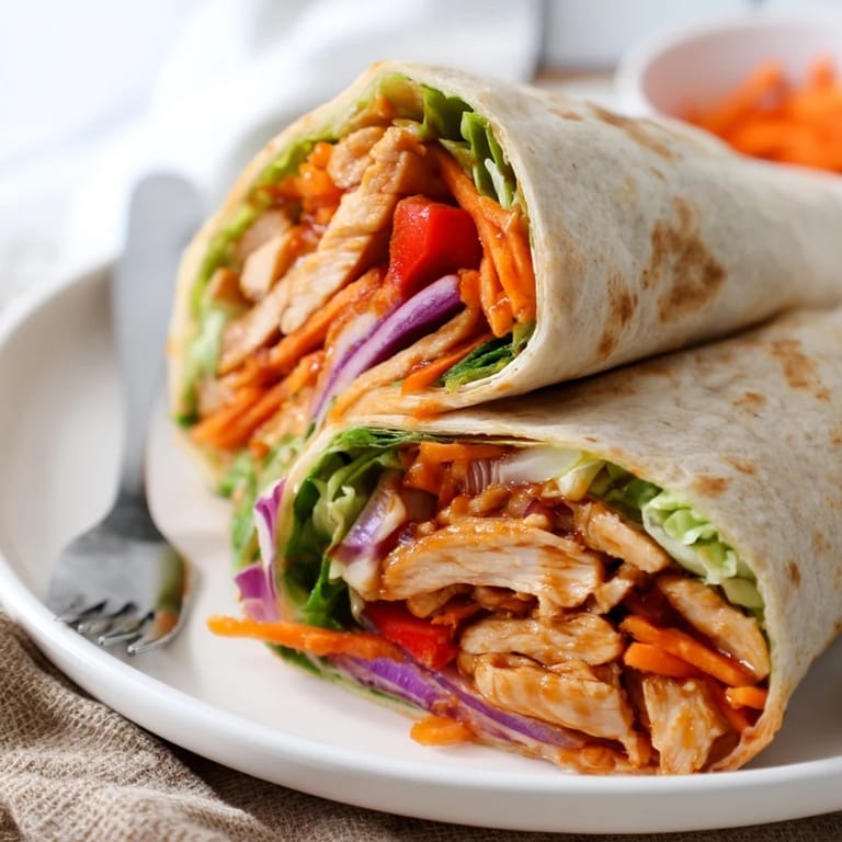 Freshly assembled Honey Sriracha Chicken Wraps served on a plate with a side of iced tea, featuring vibrant veggies and a drizzle of extra sauce.