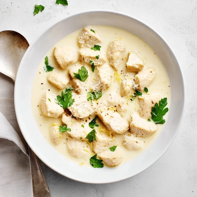 Freshly cooked Creamy Garlic Chicken Bites coated in a luscious garlic cream sauce, garnished with vibrant chopped parsley.