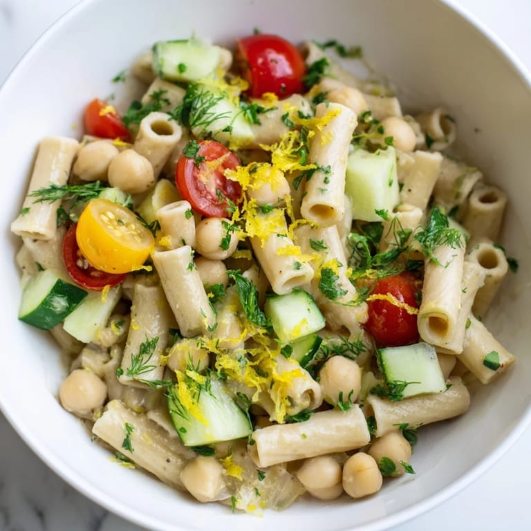 Hearty Lemon Herb Chickpea Pasta Salad with chickpea pasta, crisp veggies, and optional feta, served chilled for a healthy vegetarian meal.