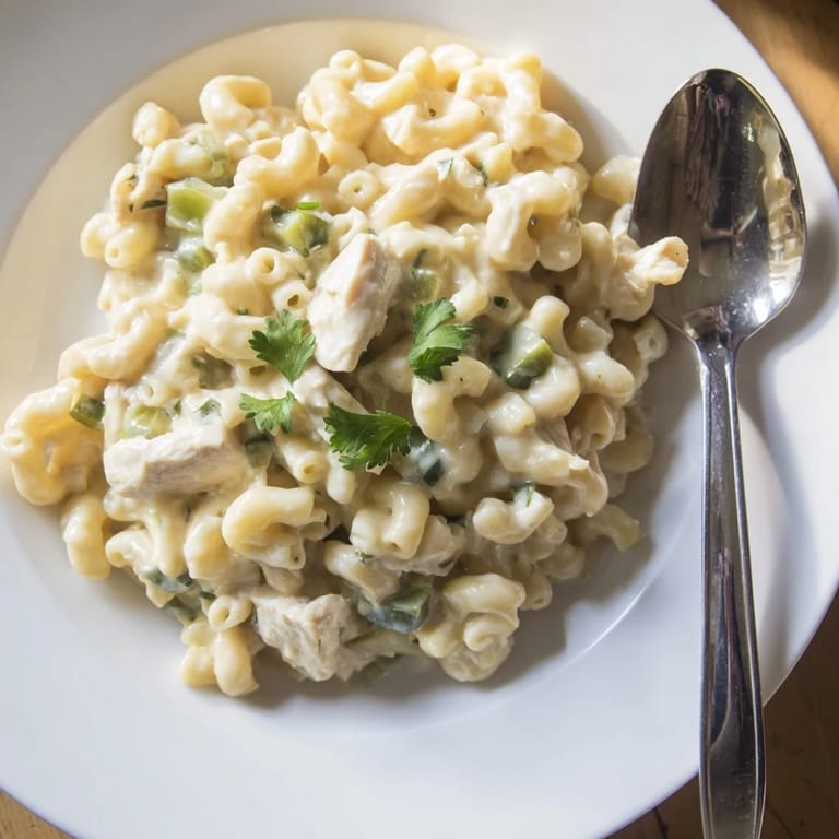 Golden-brown Green Chili Chicken Mac pasta bubbling in a cast-iron skillet with melted cheese.  