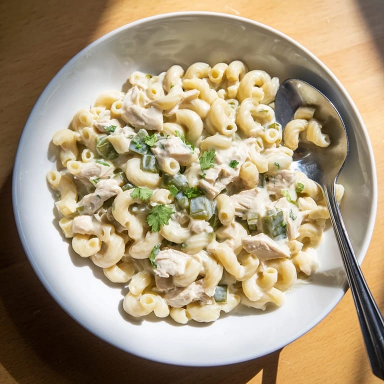 Steaming bowl of Southwestern-style Green Chili Chicken Mac topped with fresh cilantro and jalapeños.
