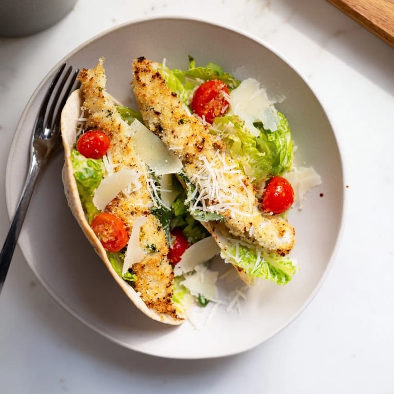 Freshly assembled pita sandwiches with golden herbed chicken, romaine lettuce, and a squeeze of lemon.