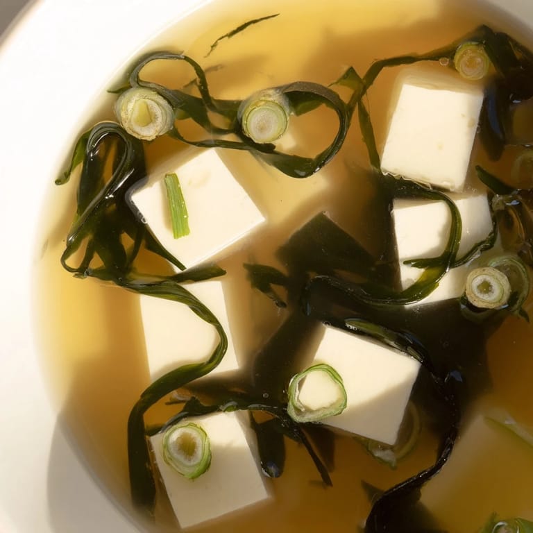 Spoon lifting wakame and tofu from a savory bowl of homemade Japanese Wakame Soup, garnished with sliced green onions.  