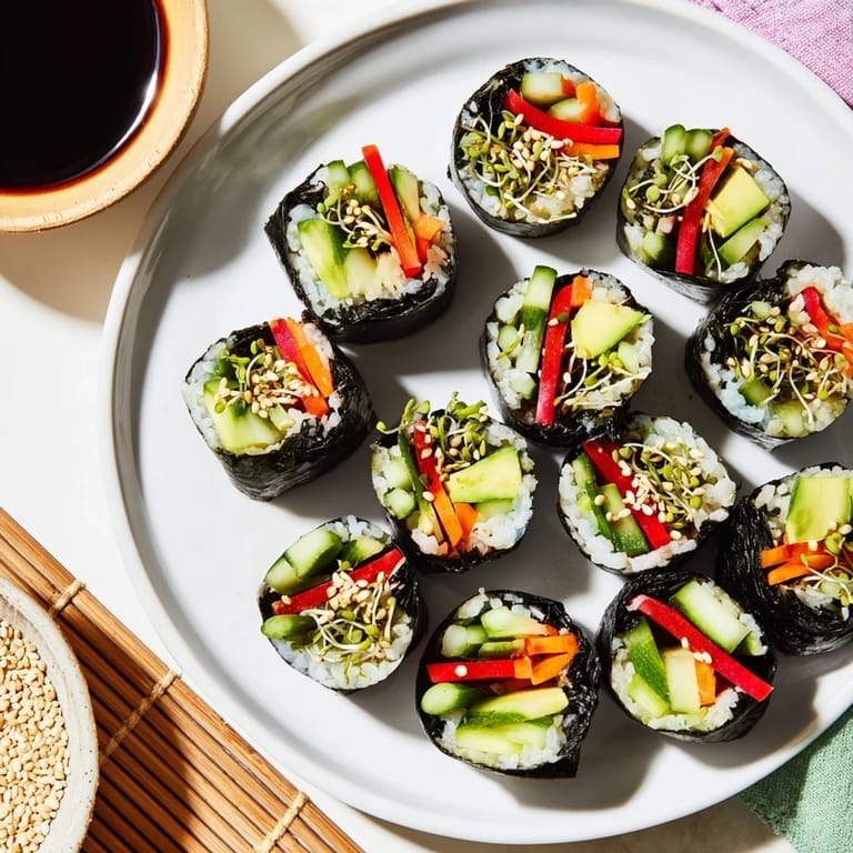 Eight homemade Nori Rolls with Vegetables are displayed on a wooden board with dipping sauce.