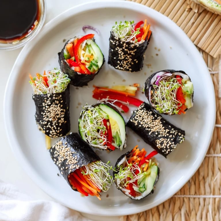 Bright Nori Rolls with Vegetables filled with crunchy sprouts, carrots, and red bell pepper.