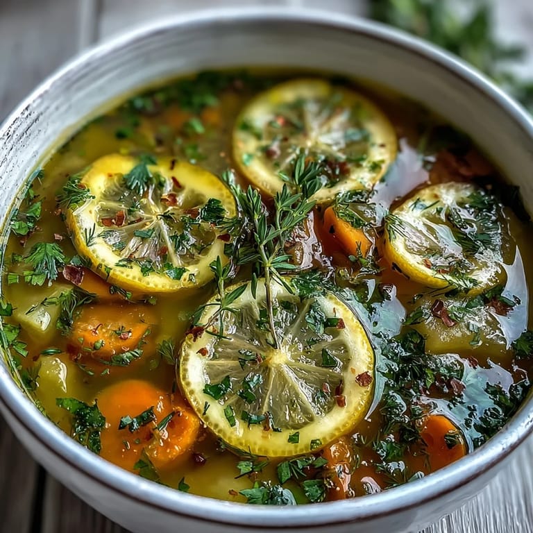 Vibrant vegetarian Lemon Herb Soup with fresh herbs and lemon zest, perfect for a light and healthy meal.