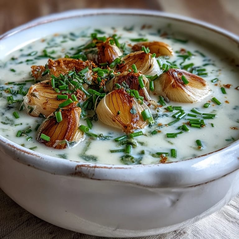 A steaming bowl of roasted garlic and herb soup topped with fresh parsley, served on a wooden table with warm crusty bread.