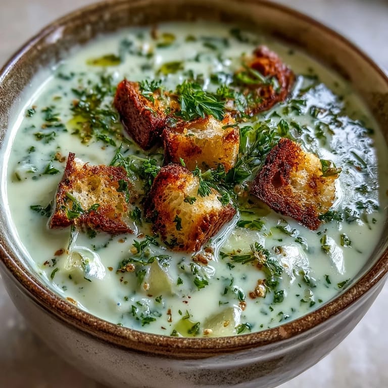 Garlic and Herb Soup ladle hovering over a bowl, garnished with herbs and optional croutons for texture.