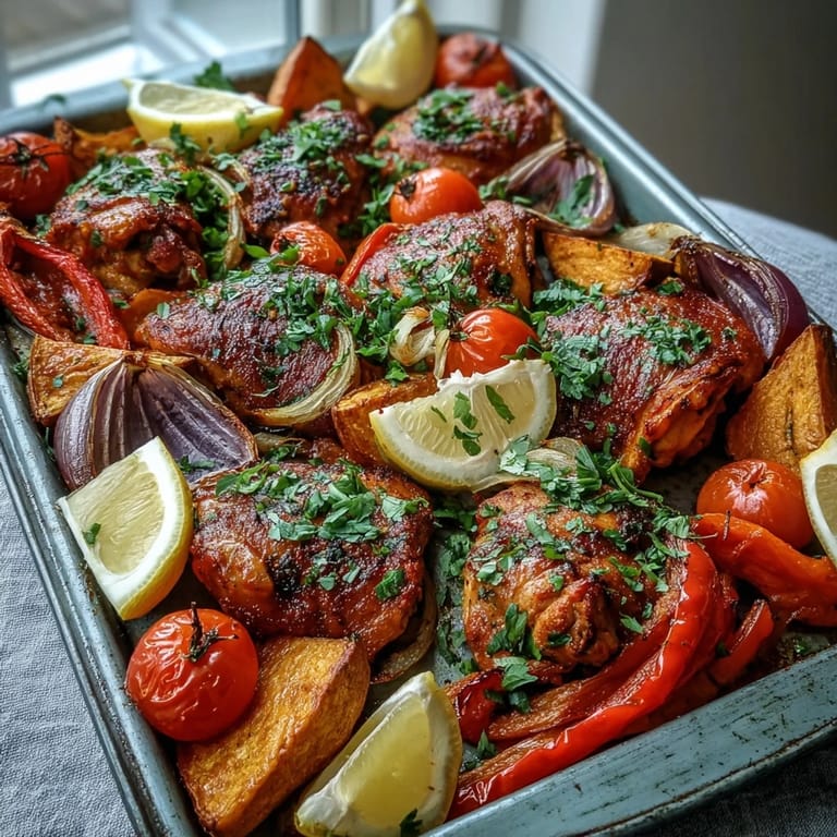 Golden-skinned chicken nestled beside tender sweet potatoes and peppers, garnished with fresh herbs for a family-style Chicken and Sweet Potato Traybake.