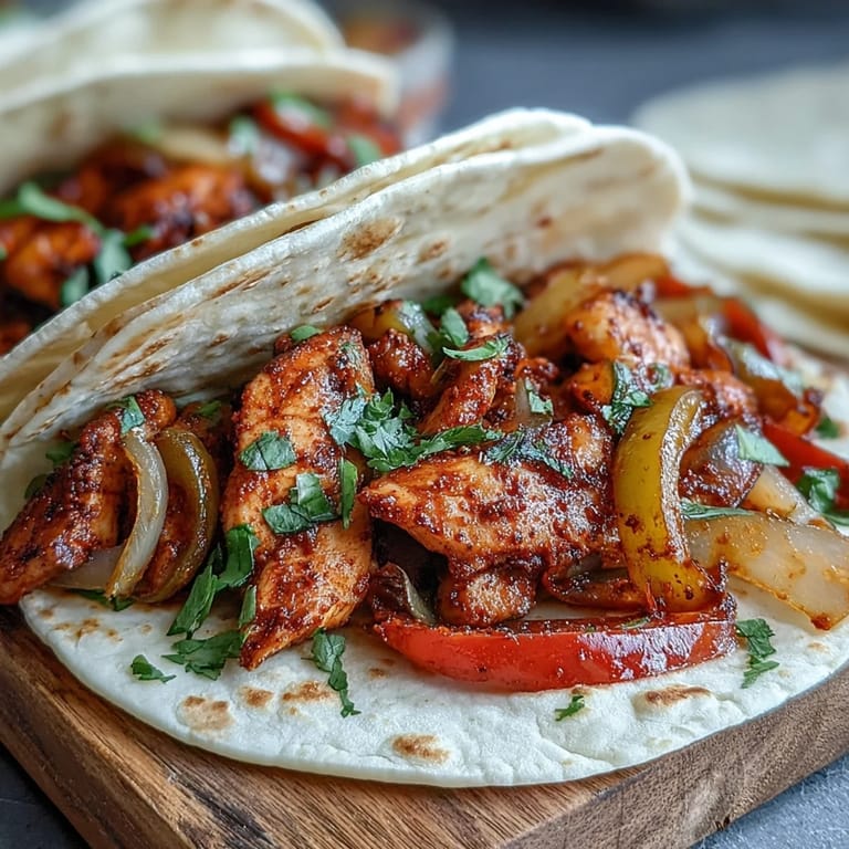 Sizzling Tex-Mex Easy Chicken Fajitas served in soft flour tortillas with sour cream and salsa on a rustic table.