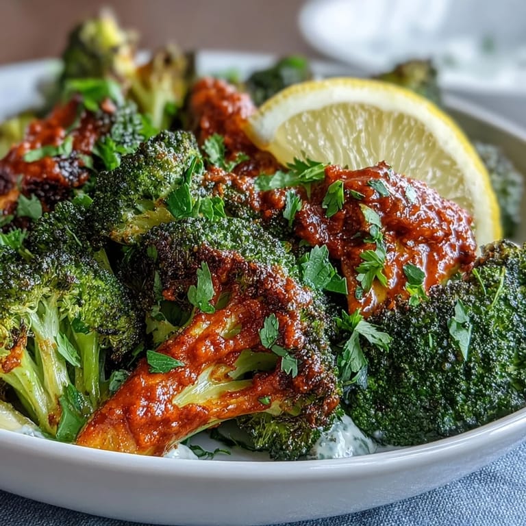 Sizzling harissa broccoli florets roasted to charred perfection served on flatbreads with fresh cilantro.