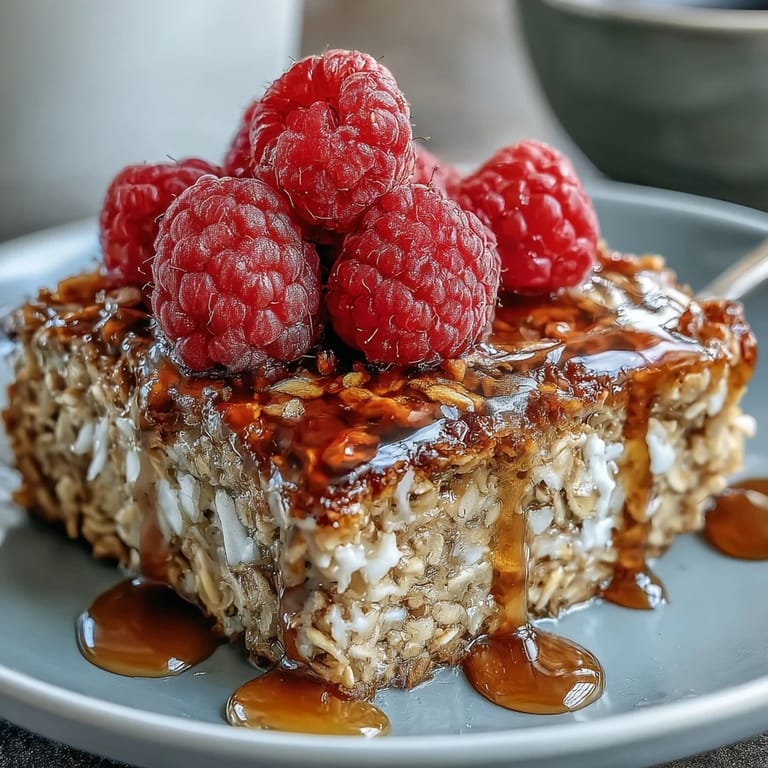 Vegan Baked Oatmeal with Raspberry and Coconut cooling on a white platter, showcasing colorful raspberry jam pockets and shredded coconut sprinkled generously over the baked oat squares. Drizzled with a glossy stream of maple syrup, the dish looks moist and tender, ideal for an easy, dairy-free breakfast or brunch spread. Suggested serving includes a dollop of plant-based yogurt for extra creaminess.
