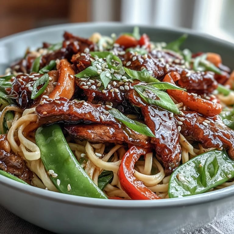 Steaming plate of Pork Noodle Stir-Fry garnished with sesame seeds and green onions, served alongside a light lager for a complete meal.