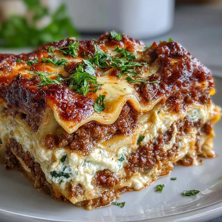Layers of tender pasta, creamy ricotta, and savory meat sauce make up the Worlds Best Lasagna, ready to slice.