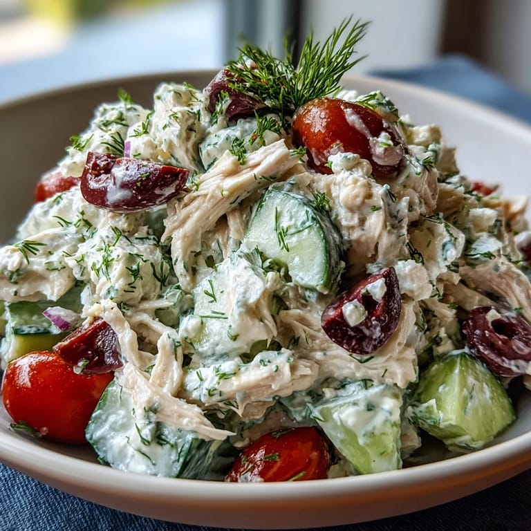Shredded rotisserie chicken tossed in creamy homemade tzatziki with crisp cucumber and dill for a refreshing, easy dinner.