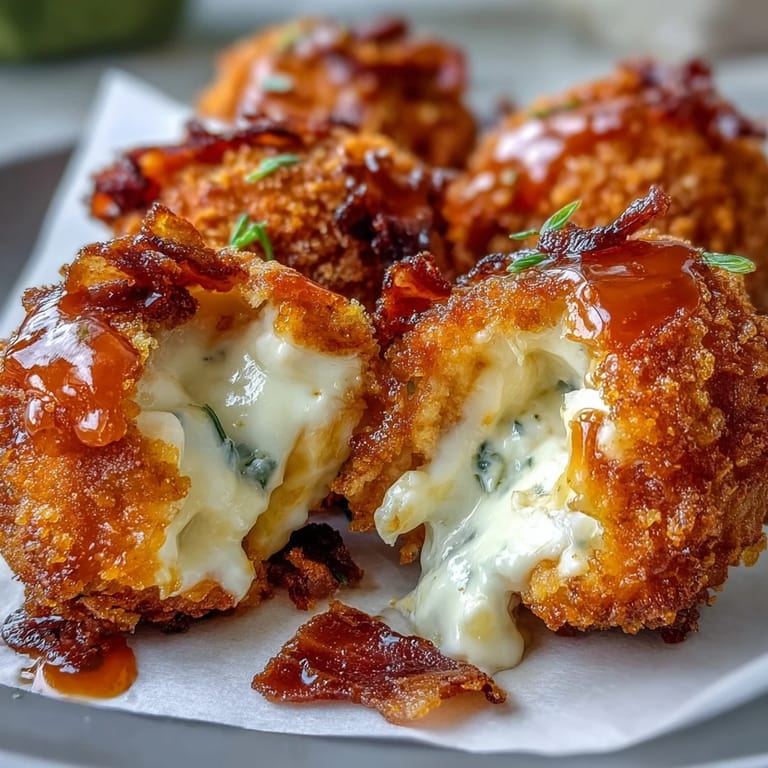 Freshly fried Buffalo Chicken Bacon Mozzarella Bombs reveal melted mozzarella and smoky bacon crumbles inside a golden, crunchy coating.