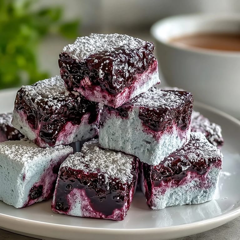 Homemade Black Currant Marshmallows arranged neatly on a plate, ready to be dropped into a steaming cup of hot cocoa.