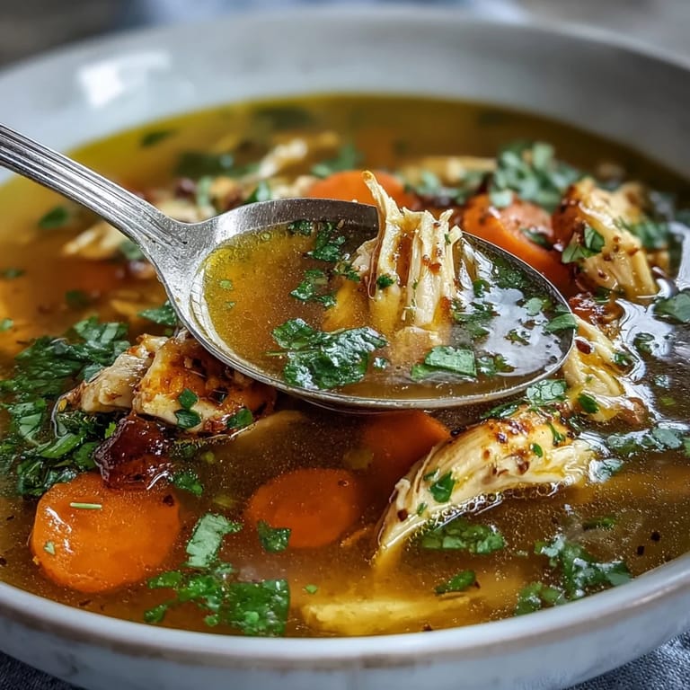 Overhead view of Anti-Inflammatory Turmeric Chicken Soup garnished with cilantro and lemon wedges, served as a nourishing gluten-free meal.