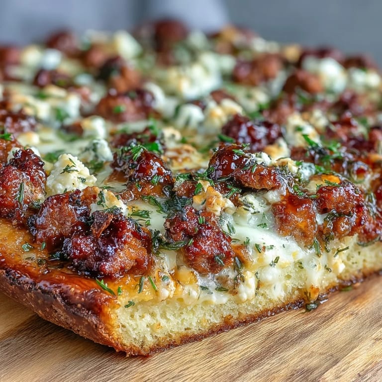 Sliced Hot Sausage Feta Honey Pizza on a wooden board, garnished with fresh basil and red pepper flakes.