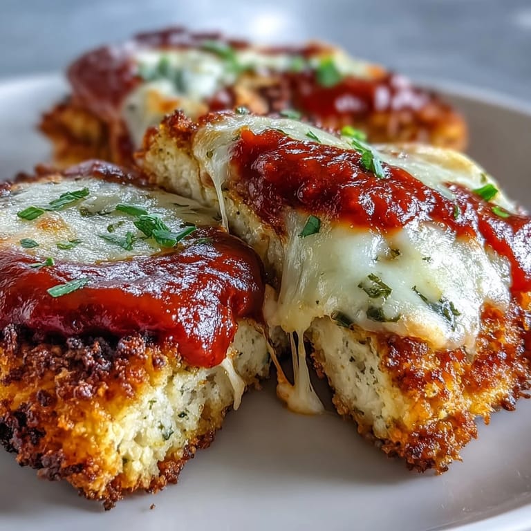 Golden-brown Crispy Tofu Chicken Parm Bakes topped with melted mozzarella, ready to serve with crusty Italian bread.