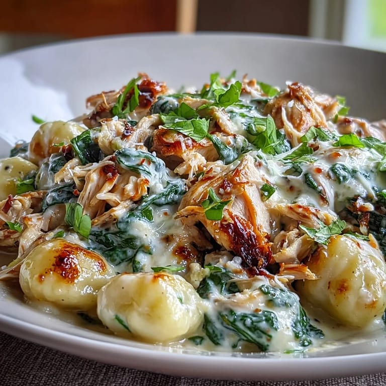 A close-up view of the Creamy Spinach & Parmesan Gnocchi with Chicken in a rustic skillet, garnished with extra cheese and pepper.  
