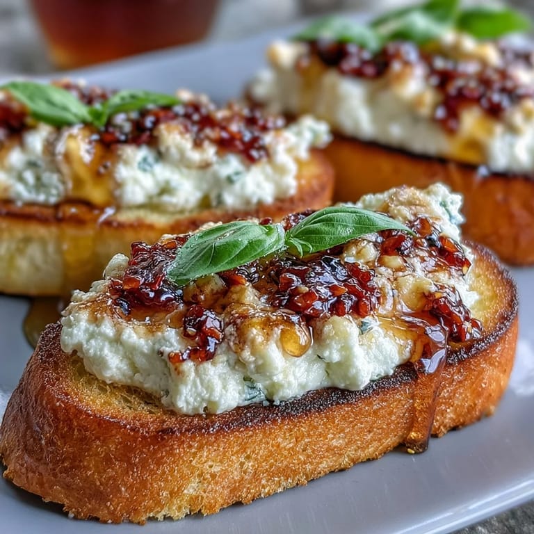 Serving suggestion for Hot Honey Ricotta Bruschetta with a spoonful of crunchy chili crisp and fresh basil leaves.