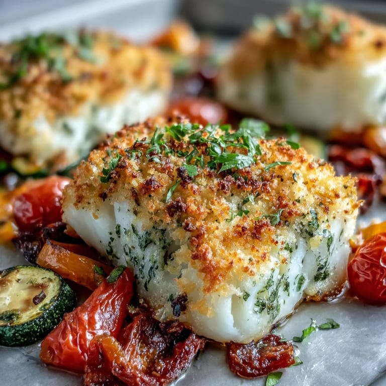 Fork-tender Parmesan Crusted Sheet Pan Fish & Veg on a sheet pan with crispy crust and oozing cheese.