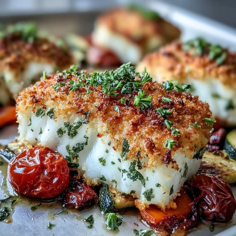 Freshly roasted Parmesan Crusted Sheet Pan Fish & Veg served with zucchini and peppers, ready for a weeknight dinner.