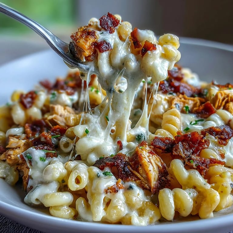 A close-up of Creamy Jalapeño Popper Chicken Pasta with fresh jalapeño slices and chopped chives on top.
