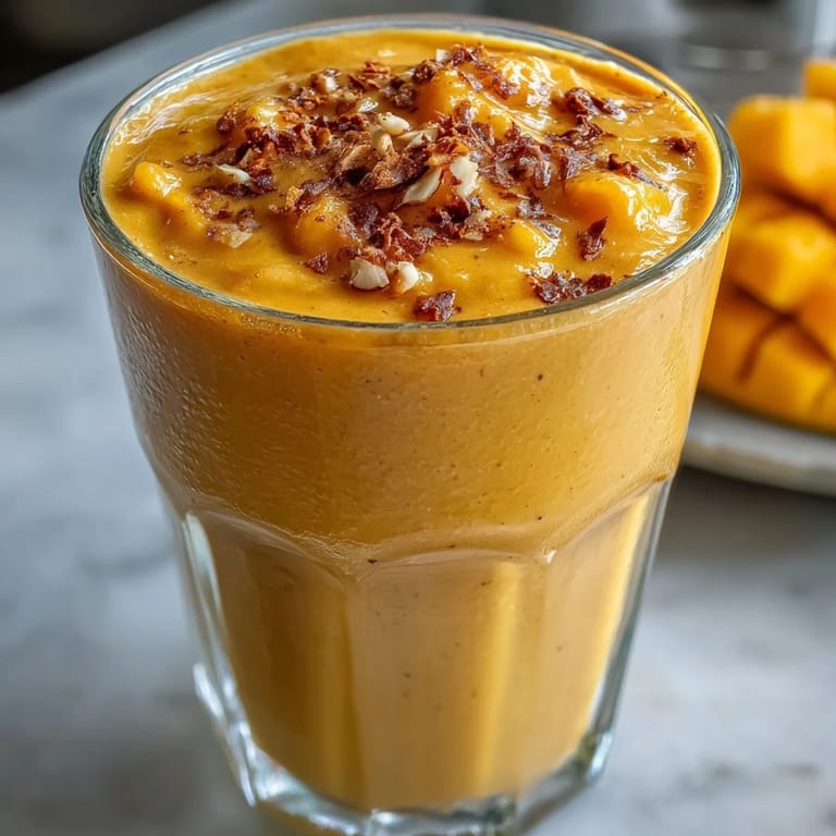 Golden-orange Vegan Mango Turmeric Golden Milk Smoothie topped with cinnamon, perfect for a healthy breakfast.