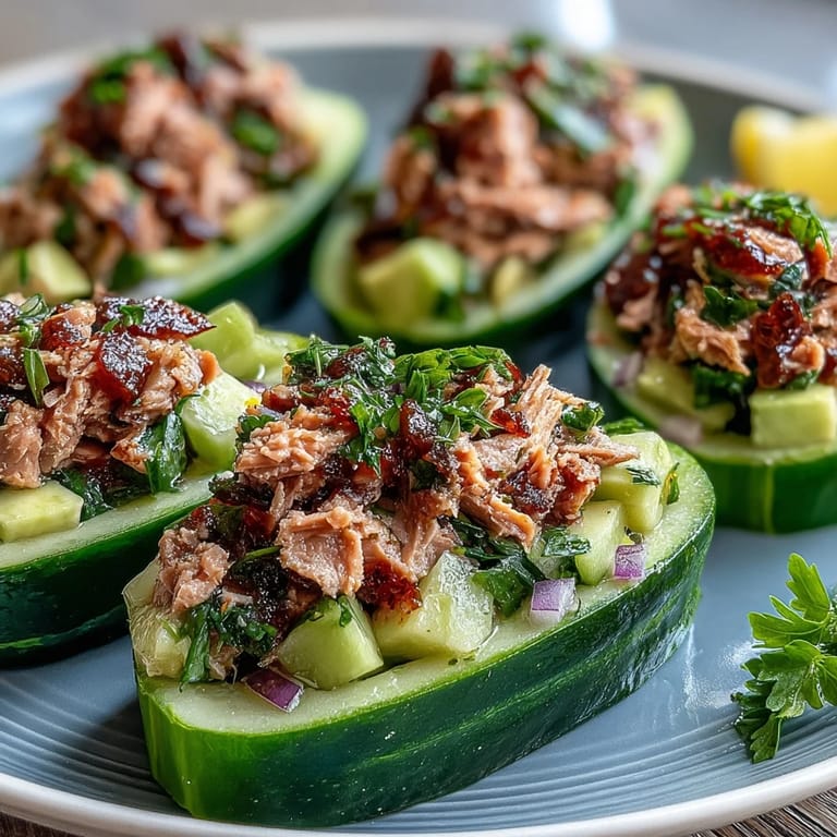 Quick 10-Minute Tuna Avocado Cucumber Boats served chilled with lemon and herbs.