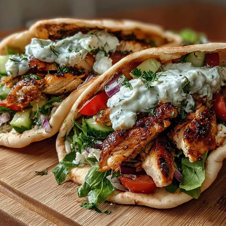 Sliced grilled chicken nestled in a fluffy pita with crisp lettuce, tomato salad, and yogurt sauce for a Light Greek Chicken Pita Pockets.