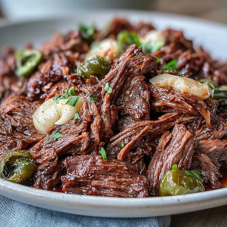 Slow Cooker Mississippi-Style Ranch Beef steaming beside creamy mashed potatoes, with melted provolone and pepperoncini.