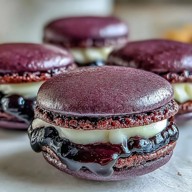 A close-up view of black currant macarons, showcasing their smooth tops, ruffled feet, and vibrant, tangy fruit ganache nestled between crisp, chewy layers.