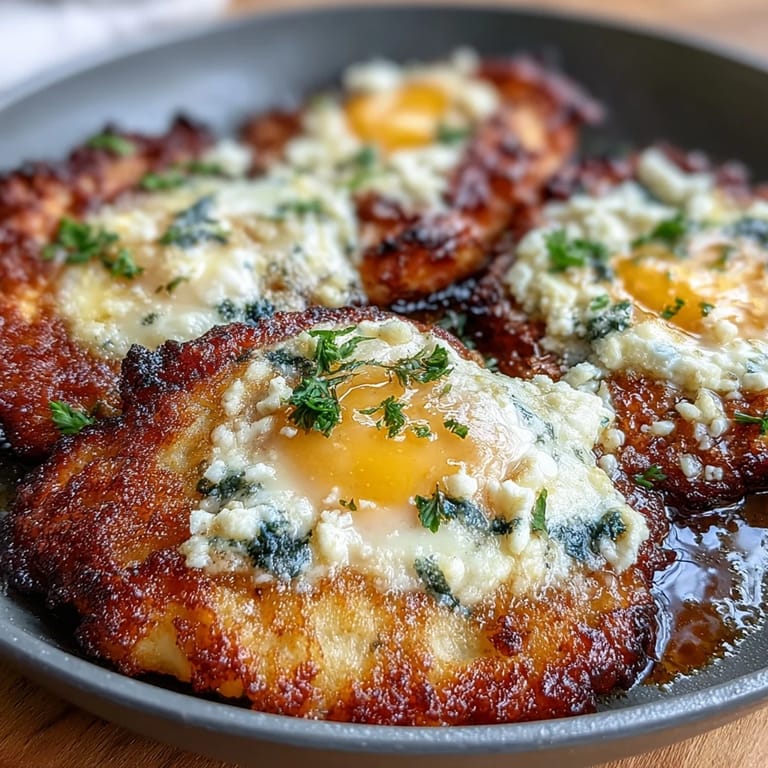 Runny yolk fried eggs atop crispy feta, garnished with parsley and a sprinkle of red pepper flakes.